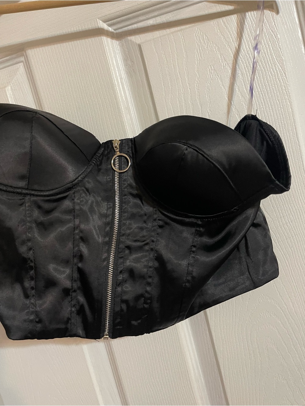 Love By Design Black Satin Bustier Crop Top with Front Zip